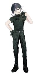  1boy ako_(td110349-7517) alternate_costume alternate_hairstyle black_footwear black_gloves black_hair black_pants black_shirt dangan_ronpa eyebrows_visible_through_hair full_body gloves grin hair_between_eyes highres male_focus new_dangan_ronpa_v3 ouma_kokichi pants ponytail shirt short_sleeves simple_background smile solo standing strap white_background 