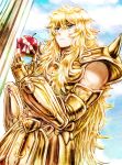  1boy apple armor blonde_hair blue_eyes blue_sky eating golden_armor greek_columns long_hair male outdoors saint_seiya scorpio_milo sky 