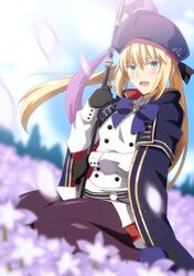  1girl artoria_pendragon_(all) artoria_pendragon_(caster) bangs beret black_legwear blonde_hair blue_capelet blue_headwear blue_sky blush breasts cape capelet dress fate/grand_order fate_(series) field flower flower_field gloves green_eyes hat hera_(hara0742) highres holding holding_staff long_hair long_sleeves looking_at_viewer multicolored multicolored_cape multicolored_capelet multicolored_clothes o-ring_belt open_mouth pantyhose petals sitting sky small_breasts smile staff thighs twintails wariza white_dress 