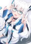  1girl absurdres animal_ears blue_eyes borumete choker collarbone commentary_request eyebrows_visible_through_hair fox_ears fox_girl glasses hair_between_eyes highres hololive jewelry looking_at_viewer necklace open_mouth shirakami_fubuki solo tongue virtual_youtuber white_hair 
