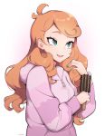  1girl aqua_eyes blush brush hair_brushing hair_down half-closed_eyes highres long_hair long_sleeves milka_(milk4ppl) open_mouth orange_hair pink_hoodie pokemon pokemon_(game) pokemon_swsh smile solo sonia_(pokemon) 