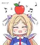 +++ 1girl aki_rosenthal apple artist_name beamed_eighth_notes blonde_hair blush closed_eyes commentary_request detached_hair eighth_note eyebrows_visible_through_hair facing_viewer food food_on_head fruit hair_between_eyes hair_ornament hololive kukie-nyan musical_note necktie object_on_head open_mouth quarter_note red_neckwear simple_background solo virtual_youtuber white_background 