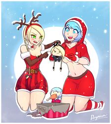  2girls absurdres antlers belt belt_buckle blonde_hair blue_eyes blue_hair braid breasts buckle chibi christmas crop_top derpixon elbow_gloves gloves green_eyes highres hood hoodie kneehighs medium_breasts midriff multiple_girls navel original pixen_(derpixon) santa_costume skirt small_breasts snow striped striped_legwear under_boob ydelle_(derpixon) 