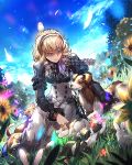  1girl bird blonde_hair blue_eyes blue_sky cat closed_mouth clouds constance_von_nuvelle day dog feathers fire_emblem fire_emblem:_three_houses flower garreg_mach_monastery_uniform grass hairband long_sleeves multicolored_hair outdoors paula_biedma purple_hair short_hair sitting sky solo sunflower twitter_username uniform 