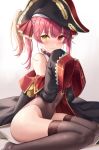  1girl bare_shoulders blush commentary_request covered_navel eyebrows_visible_through_hair hair_between_eyes hat heterochromia highres hololive houshou_marine kawami_nami leotard long_sleeves looking_at_viewer red_eyes redhead solo thigh-highs yellow_eyes 