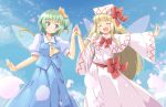  2girls arnest blonde_hair blue_skirt blue_sky blue_vest blush bow bowtie capelet closed_eyes clouds collared_shirt daiyousei dress eyebrows_visible_through_hair fairy fairy_wings green_eyes green_hair hair_bow hands_together hat lily_white long_hair long_sleeves multiple_girls necktie open_mouth petals pleated_skirt puffy_short_sleeves puffy_sleeves red_bow red_neckwear red_sash sash shirt short_hair short_sleeves skirt sky smile touhou vest white_capelet white_dress white_headwear white_shirt wide_sleeves wings yellow_bow yellow_neckwear 