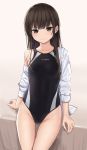  1girl bangs black_swimsuit blush brown_eyes brown_hair closed_mouth collarbone competition_swimsuit highres long_hair long_sleeves looking_at_viewer off_shoulder one-piece_swimsuit open_clothes open_shirt original shirt smile solo swimsuit white_shirt zuima 