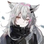 1girl ;) animal_ears arknights bangs black_jacket commentary elise_(piclic) grey_eyes hair_between_eyes hair_ornament hairclip high_collar jacket lappland_(arknights) long_hair looking_at_viewer one_eye_closed scar scar_across_eye silver_hair smile solo upper_body white_background wolf_ears 
