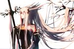  1girl arknights bare_shoulders branch demon_horns highres holding holding_weapon horns long_hair looking_up ponytail re:rin shining_(arknights) solo very_long_hair weapon white_background white_hair 