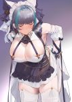  1girl :3 animal_ears armpit_crease azur_lane blue_hair blush breasts cheshire_(azur_lane) closed_eyes covered_nipples detached_sleeves eyebrows_visible_through_hair garter_straps gradient gradient_background hairband hanging_breasts heavy_breathing iku_(ikuchan_kaoru) large_breasts leaning_forward maid_headdress multicolored_hair puffy_sleeves purple_hair smile solo standing streaked_hair thigh-highs thighs white_legwear wrist_cuffs 