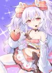  1girl animal_ears aye azur_lane bare_shoulders bow checkered checkered_skirt choker collarbone commentary_request detached_sleeves frilled_skirt frills hair_bow hair_ribbon hairband half-closed_eyes highres laffey_(azur_lane) laffey_(halfhearted_bunny_idol)_(azur_lane) long_hair looking_at_viewer microphone midriff navel pantyhose parted_lips rabbit_ears red_eyes ribbon simple_background sitting skirt solo sparkle twintails v white_hair white_legwear 