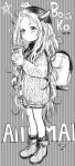  1girl ankle_boots argyle_jacket backpack bag boots bosako_(haguhagu) brand_name_imitation character_name cross-laced_footwear curly_hair drink drinking full_body greyscale haguhagu_(rinjuu_circus) hat holding horns jacket long_hair long_sleeves looking_at_viewer messy_hair monochrome original sipping solo standing very_long_hair 