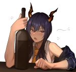  1girl arknights bare_shoulders blue_hair blush bottle cero_(last2stage) ch&#039;en_(arknights) dragon_horns drunk highres horns long_hair looking_at_viewer necktie off_shoulder open_mouth red_eyes simple_background solo white_background 