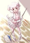  1girl :d animal_ears ankle_ribbon brown_eyes dated full_body gloves hair_ornament hairclip kemono_friends looking_at_viewer mop neck_ribbon open_mouth pig_(kemono_friends) pig_ears pig_tail pink_neckwear pink_ribbon puffy_short_sleeves puffy_sleeves ribbon short_hair short_sleeves signature skirt smile solo standing tail twitter_username white_gloves white_hair white_skirt wooden_floor yonaka-nakanoma 