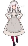  1girl artist_name closed_mouth do_m_kaeru fire_emblem fire_emblem:_three_houses full_body long_hair long_sleeves lysithea_von_ordelia maid maid_headdress pink_eyes red_legwear simple_background solo white_background white_hair 