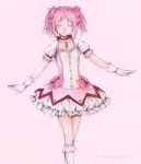  artist_name breasts bubble_skirt choker closed_eyes colored_pencil_(medium) commentary dated english_commentary facing_viewer gloves hair_ribbon highres kaname_madoka kneehighs magical_girl mahou_shoujo_madoka_magica marker_(medium) outstretched_arms photoshop_(medium) pink_background pink_hair pink_ribbon puffy_short_sleeves puffy_sleeves red_choker ribbon short_sleeves simple_background skirt small_breasts solo spread_arms standing svveetberry traditional_media twintails white_gloves white_legwear 