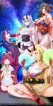  5girls armpits bare_shoulders barefoot benienma_(fate/grand_order) black_bra black_nails blonde_hair bra breasts brown_eyes brown_hair chest_tattoo closed_eyes collarbone commentary_request corn cotton_candy cup detached_sleeves drinking eating facial_tattoo fang fate/grand_order fate_(series) food hair_between_eyes hat highres holding holding_food horns ibaraki_douji_(fate/grand_order) japanese_clothes kijo_kouyou_(fate) kimono large_breasts long_hair looking_at_viewer maho_(yakimorokoshi) multiple_girls noodles off-shoulder_kimono oni oni_horns purple_hair purple_kimono red_eyes sakazuki short_hair shuten_douji_(fate/grand_order) silver_hair single_detached_sleeve sky small_breasts star_(sky) starry_sky tattoo tomoe_gozen_(fate/grand_order) underwear violet_eyes white_kimono yellow_eyes 
