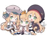  &gt;_o 3girls :d ;) ahoge artoria_pendragon_(all) artoria_pendragon_(caster) bangs beni_shake beret black_cape black_headwear black_legwear blonde_hair blush boots brown_footwear brown_gloves cape closed_mouth commentary_request crown double_v dress eyebrows_visible_through_hair fate/grand_order fate_(series) girl_sandwich gloves green_eyes grey_headwear grey_skirt hair_between_eyes hands_up hat long_hair looking_at_viewer mini_crown multiple_girls one_eye_closed open_mouth pantyhose sandwiched shirt signature simple_background sitting skirt smile thigh-highs tilted_headwear v very_long_hair white_background white_dress white_shirt 