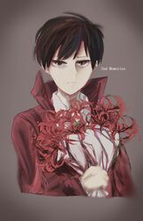  1boy black_hair bouquet coat darren_shan flower open_clothes open_coat red_coat red_eyes short_hair solo spider_lily the_saga_of_darren_shan waku_(ginuribiyori) 