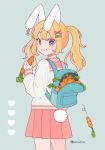  1girl absurdres animal_ears aqua_background backpack bag bangs blonde_hair bright_pupils bunny_tail carrot chewing commentary_request cowboy_shot eating food food_on_face from_behind hair_ornament hairclip heart highres holding holding_food long_sleeves looking_at_viewer looking_back nokanok original pleated_skirt rabbit_ears rabbit_girl red_sailor_collar red_skirt sailor_collar school_uniform serafuku sidelocks simple_background skirt solo tail twintails twitter_username violet_eyes white_pupils x_hair_ornament 