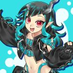  1girl bangs belt black_gloves black_hair black_jacket black_skirt black_sports_bra blue_background blue_belt blue_hair chest_belt clothing_cutout commentary_request cross-laced_sleeves deensoon demon_girl demon_horns fang flat_chest gloves highres horns jacket long_hair long_sleeves looking_at_viewer midriff multicolored_hair navel open_clothes open_jacket open_mouth partially_fingerless_gloves pointy_ears red_eyes shishio_chris shoulder_cutout skirt smile solo sports_bra sugar_lyric two-tone_hair upper_body virtual_youtuber 