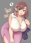  1girl 2020 ? agawa_ryou artist_name bag bare_shoulders bent_over breasts commentary curvy dated grey_background handbag huge_breasts lips lipstick makeup mature original purple_skirt signature simple_background skirt smile solo spoken_question_mark thick_thighs thighs wide_hips 