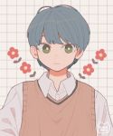  1boy artist_name bangs blue_hair bright_pupils brown_vest closed_mouth collared_shirt flower_(symbol) green_eyes grid_background highres looking_at_viewer male_focus nokanok original shirt short_hair symbol_commentary upper_body vest white_pupils white_shirt wing_collar 