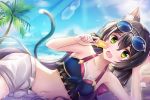  1girl animal_ear_fluff animal_ears bikini black_hair blue_sky breasts cat_ears cat_tail clouds cometalice fang food frilled_bikini frills green_eyes karyl_(princess_connect!) lens_flare looking_at_viewer low_twintails lying midriff multicolored_hair navel ocean on_side open_mouth palm_tree popsicle princess_connect! princess_connect!_re:dive shell short_shorts shorts sky small_breasts sparkle streaked_hair sunglasses swimsuit tail tree twintails unbuttoned_shorts 
