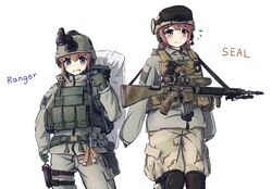  2girls american_flag assault_rifle backpack bag belt belt_pouch blue_eyes brown_eyes brown_hair camouflage camouflage_pants cowboy_shot english_text gloves glowstick goggles goggles_on_headwear green_gloves grey_jacket grey_pants gun handgun headset helmet holstered_weapon jacket knee_pads load_bearing_vest long_hair long_sleeves m16 military military_operator multiple_girls night_vision_device original pants pistol pouch redhead rifle simple_background sniper_rifle tantu_(tc1995) weapon white_background 