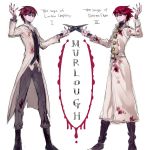  2boys blood bloody_clothes boots character_name coat dual_persona holding holding_knife knife long_coat multiple_boys murlough open_clothes open_coat purple_skin redhead short_hair smile the_saga_of_darren_shan the_saga_of_larten_crepsley time_paradox weapon yomunow younger 