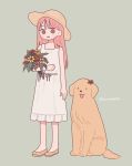  ._. 1girl arm_at_side bangs bare_arms blank_eyes bouquet brown_eyes brown_footwear commentary_request dog dress flower full_body green_background hat highres long_hair nokanok original red_flower redhead shoes simple_background standing straw_hat sun_hat twitter_username white_dress yellow_flower 