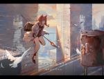  1girl angelina_(arknights) animal arknights bag bird brown_hair building clouds flying highres jacket red_shirt rhodes_island_logo shirt shoes short_twintails shorts socks solo staff twintails zuosi_zhichu 