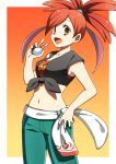  1girl asuna_(pokemon) border collarbone commentary_request eyebrows_visible_through_hair eyelashes gradient gradient_background green_pants hair_tie hand_on_hip hand_up highres holding holding_poke_ball looking_at_viewer navel open_mouth orange_eyes outside_border pants poke_ball poke_ball_(basic) pokemon pokemon_(game) pokemon_oras redhead shiny shiny_hair shirt sleeveless solo tied_hair tied_shirt tongue white_border yuihiko 
