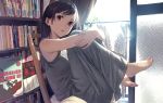  artist_request bare_arms bare_shoulders barefoot black_hair book bookshelf copyright_request dress looking_at_viewer open_mouth red_eyes sitting sleeveless sleeveless_dress tagme 