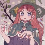  1girl :o absurdres bangs bright_pupils capelet commentary_request flower green_headwear hair_flower hair_ornament hat highres jewelry long_hair mushroom nail_polish nokanok original purple_shirt redhead ring shirt solo upper_body violet_eyes white_pupils witch witch_hat yellow_flower 