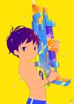  1boy artist_name bracelet child commentary_request grin holding jewelry looking_at_viewer male_focus male_swimwear noeyebrow_(mauve) original simple_background smile solo star-shaped_pupils star_(symbol) swim_trunks swimwear symbol-shaped_pupils tan tanline upper_body water_drop water_gun yellow_background 