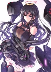  1girl absurdres alice_gear_aegis black_eyes black_hair black_skirt breasts dual_wielding gun halo highres holding holding_gun holding_weapon ishiyumi kagome_misaki large_breasts looking_down mecha_musume mole mole_under_eye skirt solo thigh-highs weapon zettai_ryouiki 