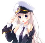  1girl akawa_1115 azur_lane bangs bare_shoulders black_coat black_neckwear blush breasts coat collarbone collared_shirt commentary enterprise_(azur_lane) eyebrows_visible_through_hair hair_between_eyes hat highres large_breasts long_hair long_sleeves looking_at_viewer military military_hat military_uniform necktie off-shoulder_coat open_clothes open_coat open_mouth peaked_cap shirt sidelocks silver_hair simple_background sleeveless sleeveless_shirt solo uniform upper_body upper_teeth very_long_hair violet_eyes white_background white_headwear 