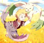  1boy :3 :d bad_id bad_pixiv_id blonde_hair blue_eyes blue_sky blurry blurry_background closed_eyes clouds cloudy_sky creature day digimon digimon_adventure_02 field floating highres long_sleeves looking_at_another looking_to_the_side lopmon maro_(lij512) open_mouth outdoors red_shirt shirt short_over_long_sleeves short_sleeves sky smile t-shirt terriermon wallace_(digimon_adventure) wheat wheat_field white_shirt wind 