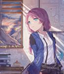  1girl absurdres ahoge arknights blue_eyes blue_jacket blue_poison_(arknights) book_stack cake commentary_request food highres indoors jacket long_hair long_sleeves open_clothes open_jacket pink_hair shirt solo suspenders upper_body white_shirt window yajuu 