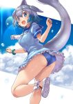 1girl ascot ass bare_arms bare_legs blowhole blue_eyes blue_hair blue_panties blue_sky collared_dress common_dolphin_(kemono_friends) dolphin_tail dorsal_fin dress eyebrows_visible_through_hair frilled_dress frills grey_hair hair_between_eyes hands_up head_fins highres kemono_friends looking_at_viewer medium_hair multicolored_hair open_mouth panties sailor_collar shoe_soles shoes short_dress short_sleeves sky smile solo sunlight tadano_magu tail tail_raised tail_through_clothes twisted_torso two-tone_hair underwear