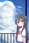  1girl bangs black_hair blue_eyes blue_skirt blue_sky blush bow child closed_mouth clouds cloudy_sky commentary day eyebrows_visible_through_hair flower hair_flower hair_ornament highres ixia_(ixia424) long_hair pleated_skirt railing red_bow sailor_collar school_uniform shirosaki_hana shirt short_sleeves skirt sky smile solo upper_body watashi_ni_tenshi_ga_maiorita! white_sailor_collar white_shirt 