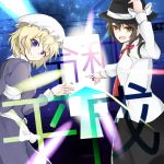  2girls cover denciu door dress fedora hat highres light_rays maribel_hearn mob_cap multiple_girls pointing purple_dress shirt sky star_(sky) starry_sky touhou usami_renko white_shirt 