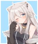  1girl ahoge animal_ears bare_shoulders blue_background blush breasts earrings eyebrows_visible_through_hair fur-trimmed_jacket fur_trim grey_eyes grey_hair hair_between_eyes hand_up head_tilt hololive jacket jewelry large_breasts lion_ears lion_girl long_hair looking_at_viewer necklace one_eye_closed shirt shishiro_botan simple_background sleeves_past_wrists solo virtual_youtuber youka1258 