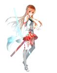  1girl absurdres asuna_(sao) bangs breastplate brown_eyes brown_hair closed_mouth detached_sleeves eyebrows_visible_through_hair floating_hair full_body hair_between_eyes highres holding holding_sword holding_weapon koco_(dcde7288) long_hair long_sleeves looking_at_viewer miniskirt pleated_skirt red_skirt shiny shiny_hair simple_background skirt smile solo sword sword_art_online thigh-highs very_long_hair weapon white_background white_legwear white_sleeves 