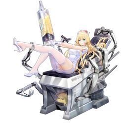  1girl azur_lane bird blonde_hair blue_eyes breasts chair chick criin gloves hat high_heels highres horns kongou_(azur_lane) kongou_(talent_hospital)_(azur_lane) large_breasts large_syringe legs_up long_hair looking_at_viewer manjuu_(azur_lane) mechanical_arm nurse nurse_cap off_shoulder official_art outstretched_arms oversized_object reclining shirt shoe_dangle short_sleeves smile solo syringe thigh-highs thighs transparent_background white_footwear white_gloves white_headwear white_legwear white_shirt zettai_ryouiki 