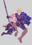  1boy 1girl belt blonde_hair blue_cape blue_eyes boots cape closed_mouth dimitri_alexandre_blaiddyd fire_emblem fire_emblem:_three_houses garreg_mach_monastery_uniform grey_background high_heel_boots high_heels hilda_valentine_goneril holding long_hair long_sleeves pink_eyes pink_hair polearm short_hair simple_background thigh-highs twintails uniform weapon zatsu7wy 