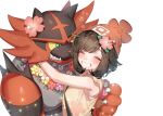  1girl bag bangs beanie blush brown_hair closed_eyes commentary_request eyelashes flower gen_7_pokemon hair_flower hair_ornament hat hug incineroar mizuki_(pokemon) pokemon pokemon_(creature) pokemon_(game) pokemon_sm red_headwear shirt short_hair short_sleeves shoulder_bag smile teeth upper_body white_background zuizi 