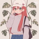  1girl absurdres artist_name bag baseball_cap bright_pupils cellphone commentary_request green_eyes grey_sweater hair_over_shoulder hat highres holding holding_phone huge_filesize long_hair long_sleeves nokanok original parted_lips phone plant redhead shoulder_bag smartphone solo sweater upper_body white_headwear white_pupils 