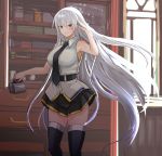  1girl azur_lane belt black_belt black_legwear black_neckwear breasts collared_shirt commentary_request cup cupboard enterprise_(azur_lane) eyebrows_visible_through_hair feet_out_of_frame hey_taishou highres holding holding_cup indoors large_breasts long_hair miniskirt necktie shirt silver_hair skirt sleeveless sleeveless_shirt smile solo thigh-highs underbust violet_eyes window 